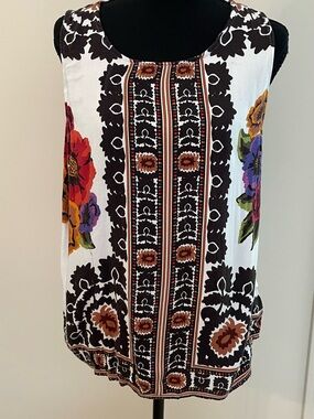 Rachel Zoe Sleeveless Floral Scroll Print Blouse Wooden Buttons Resortwear, L